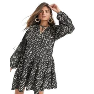 MNG Mango Khaki Green Tiered Neck Tie Floral Smock Dress Size 4